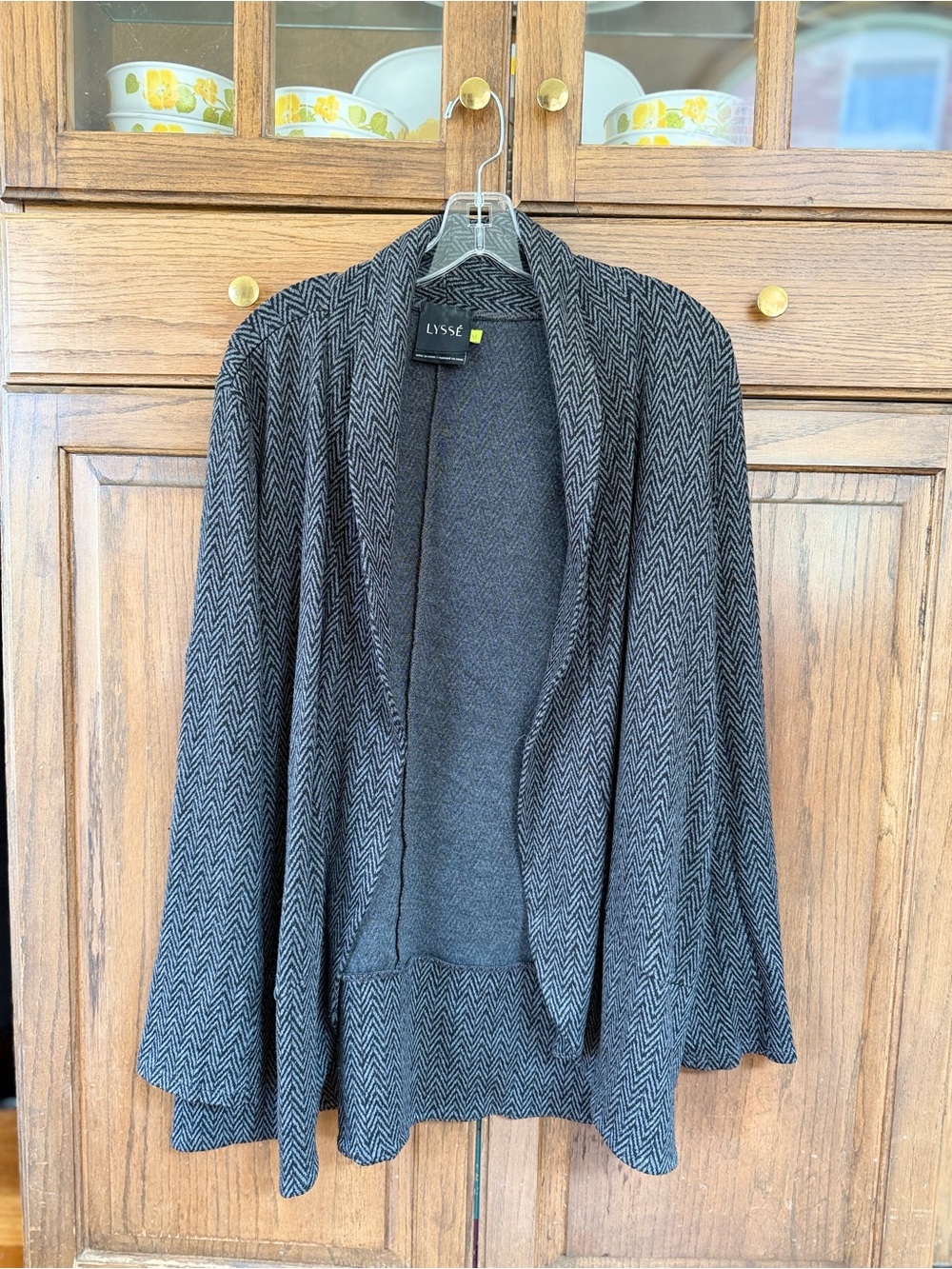 Lysse Shawl Open Collar Herringbone Cardigan Gray Black Women’s XL